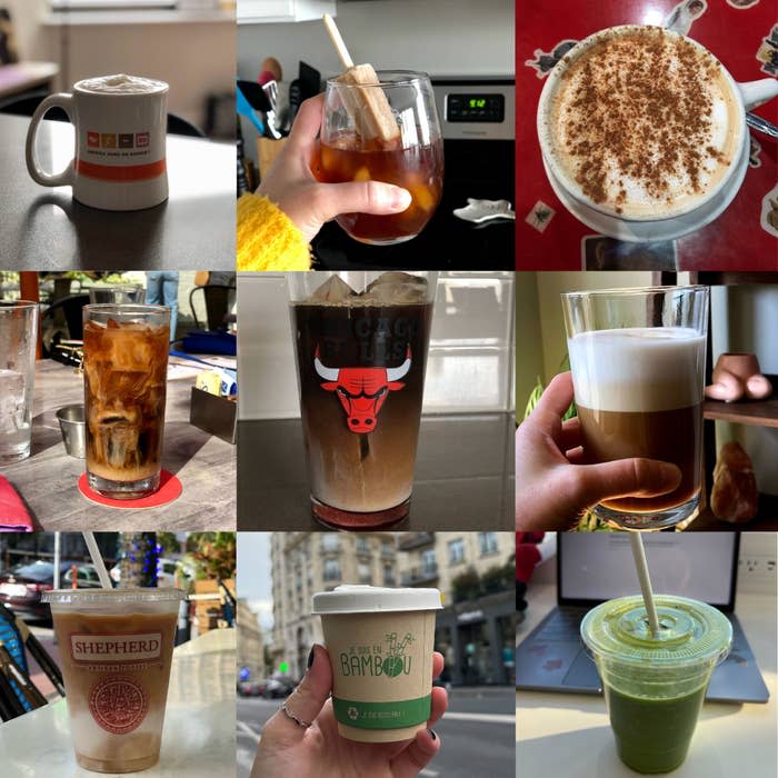 9 Images of different types of coffee, most of which are being held in one of my hands.