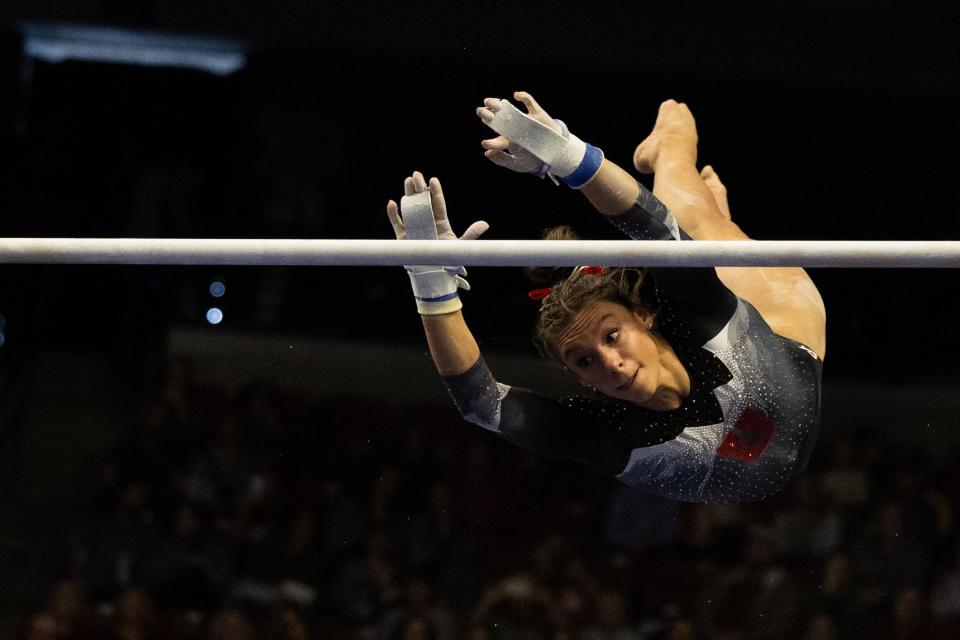 Utah Utes Grace McCallum competes on the bars during the Sprouts Farmers Market Collegiate Quads at Maverik Center in West Valley on Saturday, Jan. 13, 2024. #1 Oklahoma, #2 Utah, #5 LSU, and #12 UCLA competed in the meet. | Megan Nielsen, Deseret News