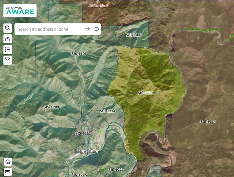 The Siskiyou County Sheriff's Office issued an evacuation warning Wednesday for Zone SIS-1111 (green) on the southwest end of the McKinney Fire evacuation zone. The warning was for the areas north of Gordons Ferry Road, Highway 96; south of Forest Route 19n01, east of Forest Route 19n01, Highway 96; and west of Highway 96.