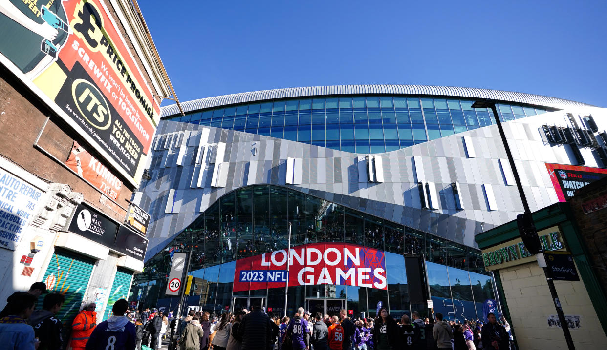 NFL fans gather near the stadium prior to the NFL international match at the Tottenham Hotspur Stadium, London. Picture date: Sunday October 15, 2023. (Photo by Zac Goodwin/PA Images via Getty Images)