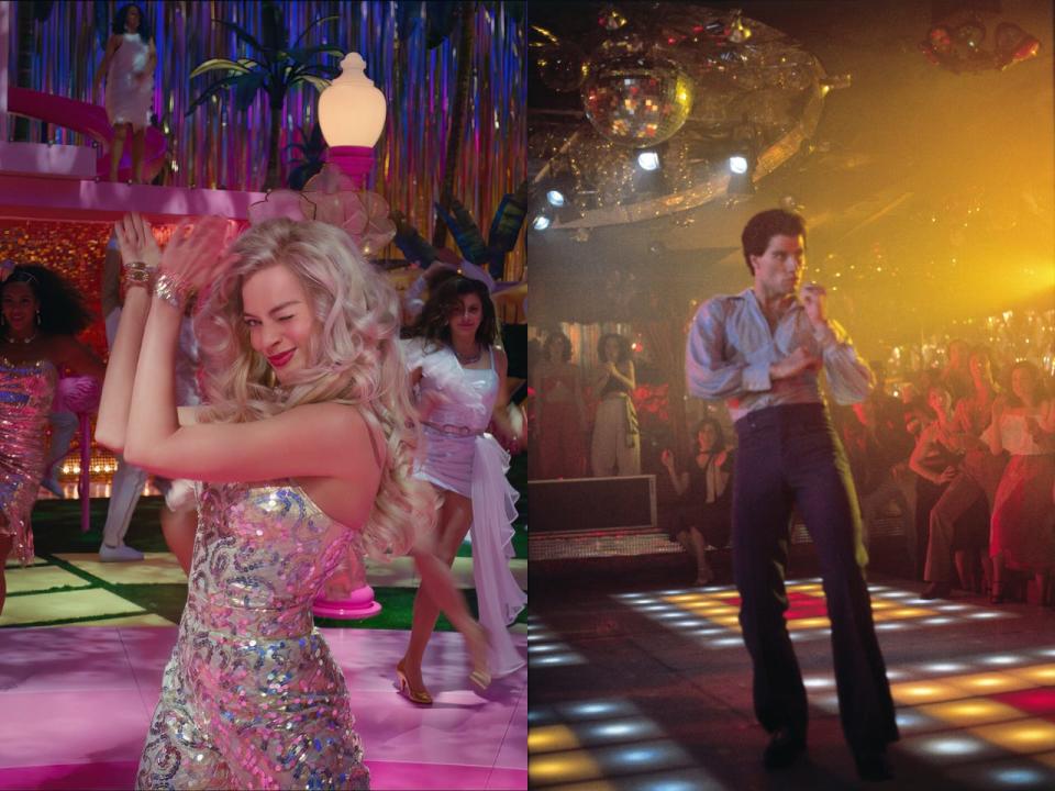Left: Margot Robbie's disco scene in "Barbie." Right: John Travolta's disco scene in "Saturday Night Fever."