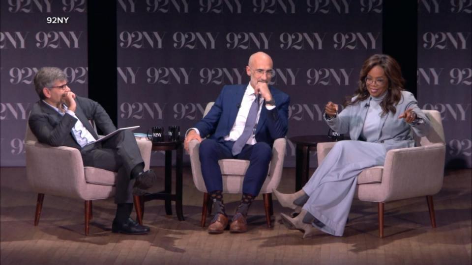 Arthur C. Brooks (center) and Oprah Winfrey speaking with host George Stephanopoulos on "Good Morning America" to discuss their new book "“Build the Life You Want: The Art and Science of Getting Happier.”