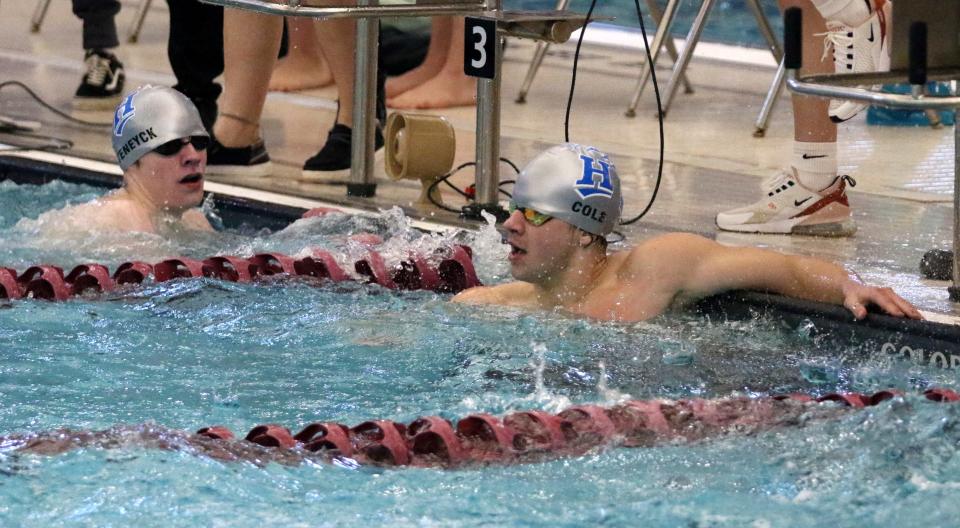 Horseheads' Cullin Cole, right, and Kaden TenEyck finished 1-2 in the 100-yard freestyle at the Section 4 Class A boys swimming and diving championships Feb. 18, 2023 at Watkins Glen High School.