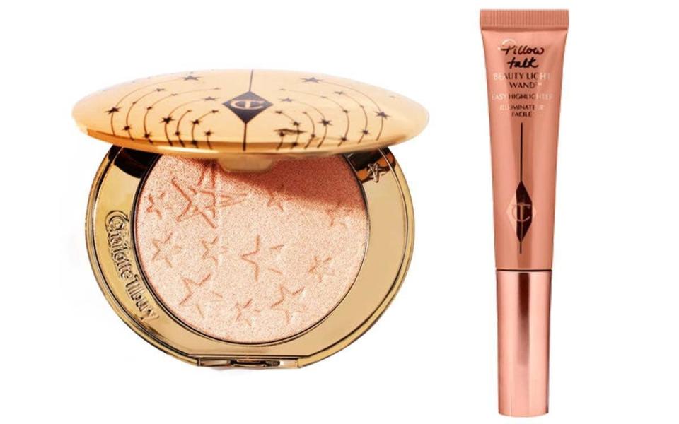 Charlotte Tillbury Hollywood Glow Glide Face Architect Highlighter £38, and Pillow Talk Matte Beauty Blush Wand, £29