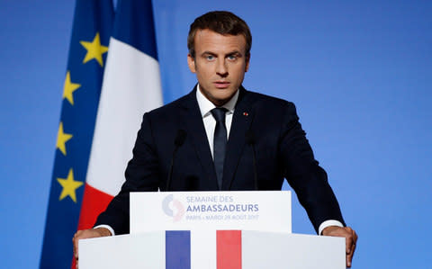 French President Emmanuel Macron addresses French Ambassadors at the Elysee Palace in Paris - Credit: Yoan Valat/EPA Pool