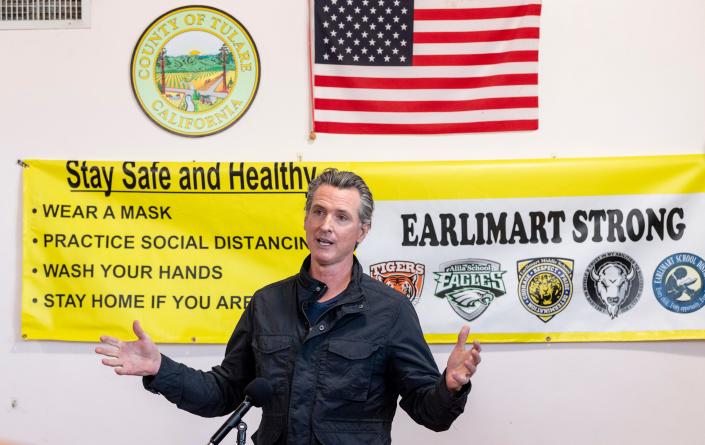 California Gov. Gavin Newsom discusses vaccine equity during his visit to Earlimart Veteran&#x002019;s Memorial Building on Monday, March 8, 2021. Tulare County Board of Supervisors Chairwoman Amy Shuklian introduced the governor and repeated the need to provide vaccine protection for farmworkers.