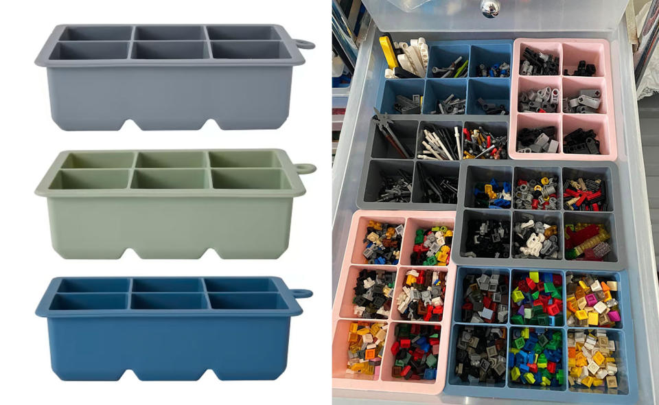 L: Images of Kmart's giant ice cube trays against a white background. R: Kmart's giant ice cube trays sitting in a drawer with Lego inside