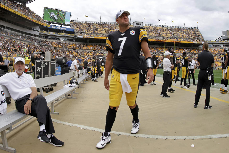 Pittsburgh Steelers quarterback Ben Roethlisberger (7) walks off the field as time runs out in a loss to the Seattle Seahawks in an NFL football game in Pittsburgh, Sunday, Sept. 15, 2019. Roethlisberger's season is over. The Pittsburgh Steelers quarterback will undergo surgery on his right elbow and be placed on injured reserve, ending the 37-year-old's 16th season just two weeks in. Roethlisberger injured the arm late in the second quarter of Sunday's 28-26 loss to Seattle. (AP Photo/Gene J. Puskar)