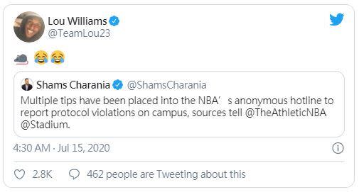「盧長老」Lou Williams對使用「抓耙子專線」的球員開嘲諷。（圖／翻攝自推特）