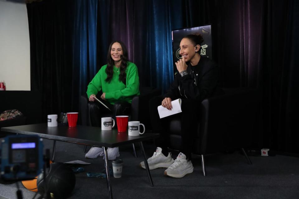 Sue Bird and Diana Taurasi on set of The Bird & Taurasi Show, complete with red solo cups.