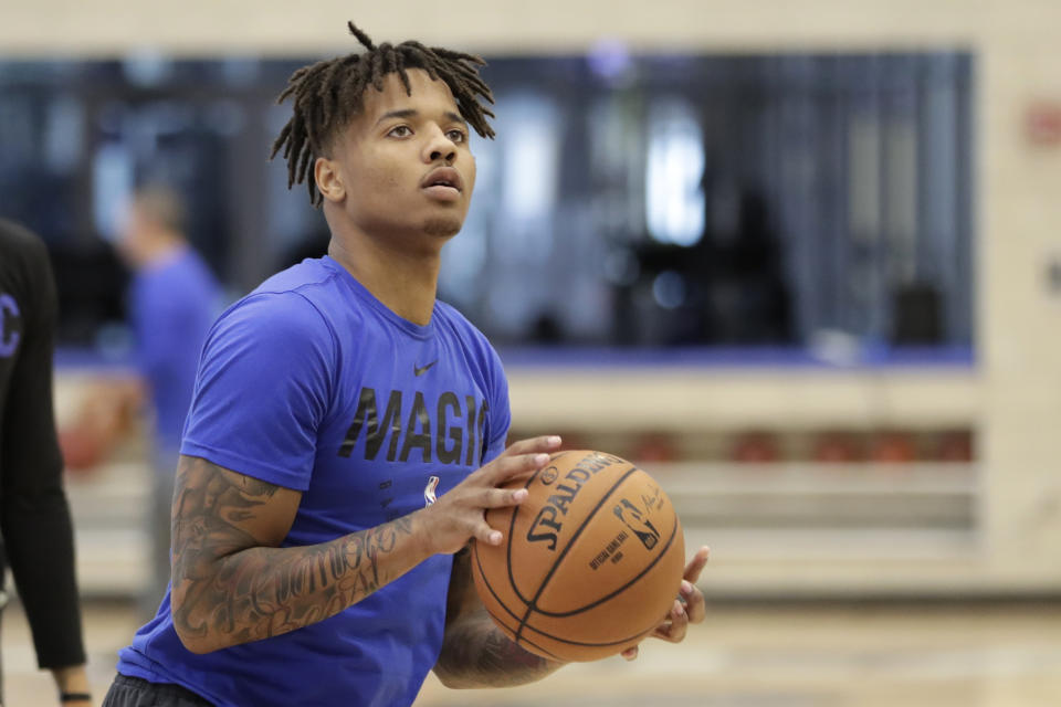 Orlando Magic guard Markelle Fultz lines up a shot during a voluntary NBA basketball workout at the teams practice facility, Wednesday, Sept. 25, 2019, in Orlando, Fla. (AP Photo/John Raoux)