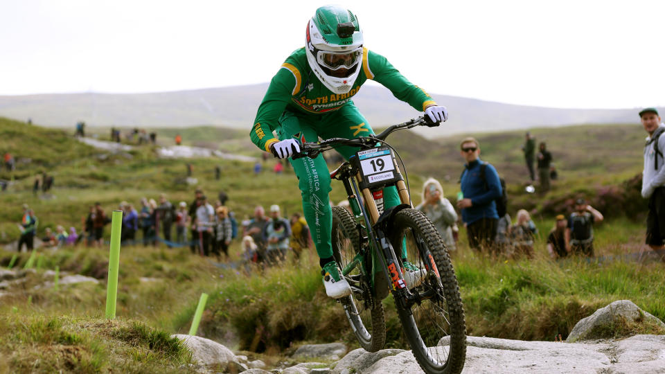 Greg Minnaar of South Africa competes during the mountain bike downhill qualification of men elite in the 96th UCI Cycling World Championships Glasgow 2023, Day 2 / #UCIWT / on August 04, 2023 in Glasgow, Scotland.