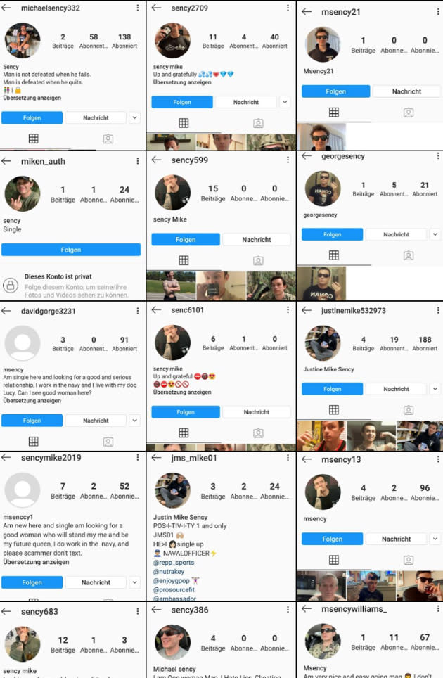 Image: There are hundreds of fake accounts using Mike Sency's name, photo and likeness online. These are a few examples from Instagram. (Mike Sency)