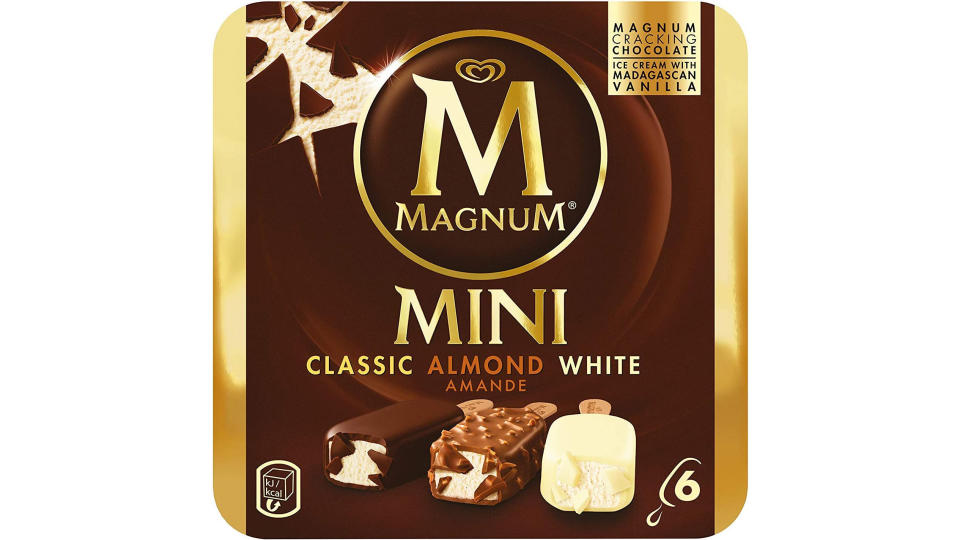 Magnum Mini Assorted (Almond, Classic, White) Multipack Ice Cream Stick, 55ml (Pack of 6) - Frozen. (Photo: Amazon SG)