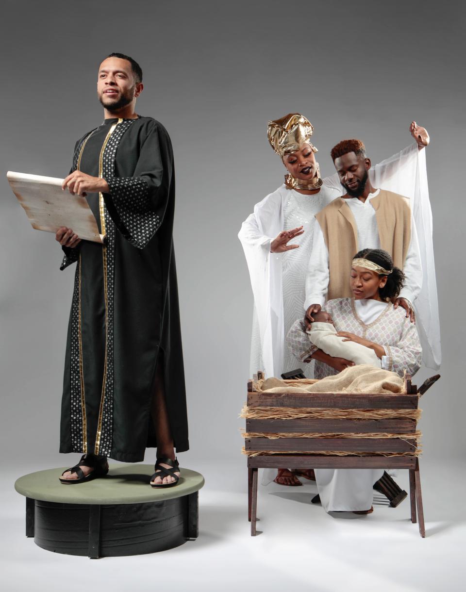 Donavan Whitney, left, plays the Narrator of the Westcoast Black Theatre Troupe’s production of “Black Nativity,” which also features Stephanie Zandra, Raleigh Mosely II and Maicy Powell.