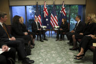 U.S. Vice President Kamala Harris, center right, holds a bilateral meeting with Australia's Prime Minister Anthony Albanese, center left, in Tokyo, Tuesday, Sept. 27, 2022. (Leah Millis/Pool Photo via AP)