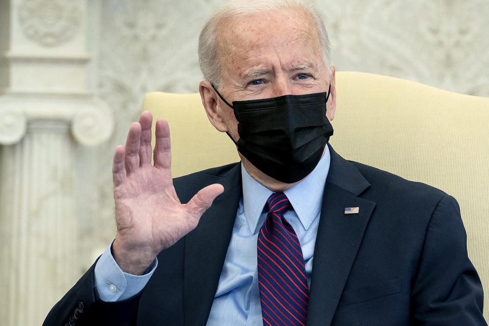 U.S. President Joe Biden speaks during a meeting with Vice President Kamala Harris, Speaker of the House Nancy Pelosi (D-C.A.), and the Chairs of the House committees to discuss a coronavirus relief package in the Oval Office of the White House in Washington on Friday, February 5, 2021. (Stefani Reynolds/The New York Times/Pool via Getty Images)