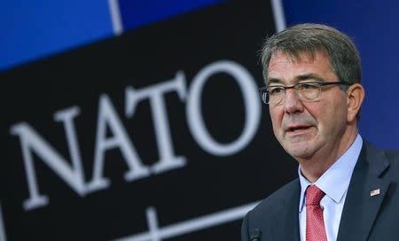 U.S. Secretary of Defense Ash Carter speaks at a news conference during a NATO Defence Ministers meeting at the Alliance's headquarters in Brussels, February 11, 2016. REUTERS/Yves Herman