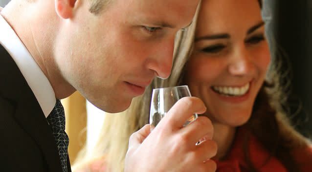 Catherine, Duchess of Cambridge and Prince William, Duke of Cambridge taste whisky during a tour of The Famous Grouse Distillery. Photo: Getty Images