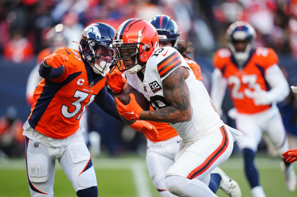 Browns wide receiver Cedric Tillman runs after a second-quarter catch against the Broncos, Nov. 26, 2023, in Denver.