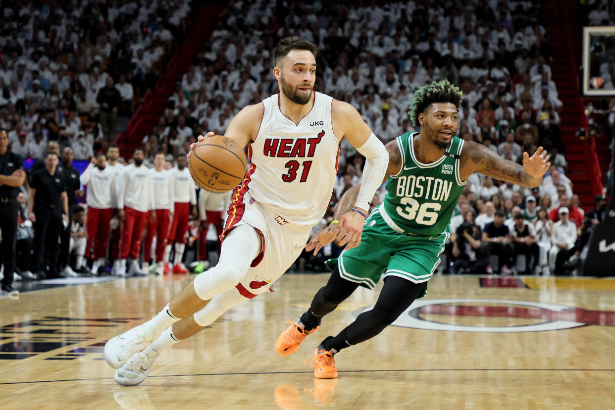 Max Strus had a would-be 3-pointer taken off the board when it was determined he stepped out of bounds in Game 7 of the Eastern Conference finals. (Photo by Andy Lyons/Getty Images)