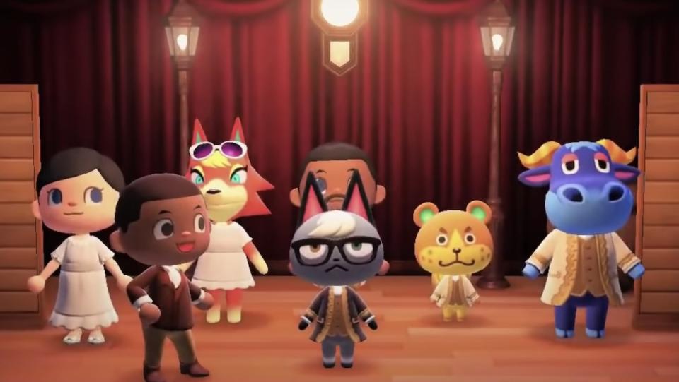 Animal Crossing characters dressed as Hamilton characters standing on stage