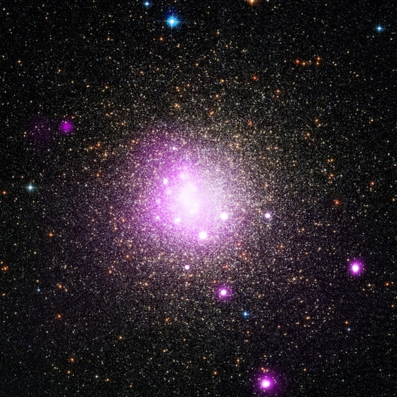 This image combines a visible and X-ray view of NGC 6388, a globular cluster that is home to a white dwarf star that appears to have shredded a passing planet.