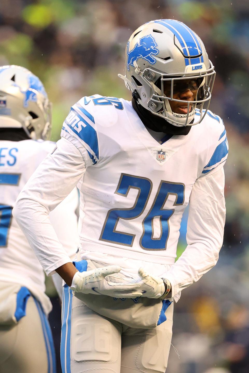 Lions cornerback Ifeatu Melifonwu reacts after forcing an incomplete pass during the second quarter on Sunday, Jan. 2, 2022, in Seattle.