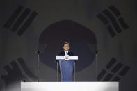 South Korean President Moon Jae-in speaks during the celebration of 75th anniversary of the Liberation Day at Dongdaemun Design Plaza in Seoul Saturday, Aug. 15, 2020. (Chung Sung-jun/Pool Photo via AP)