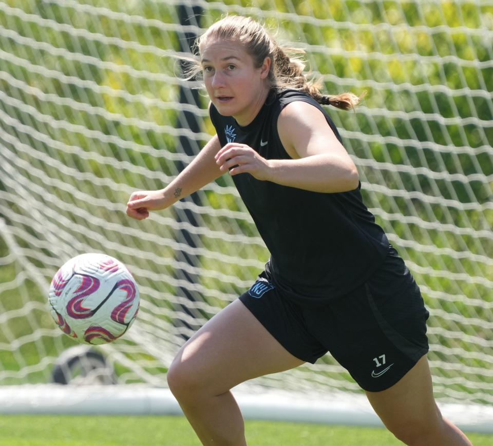 Whippany, NJ - June 1, 2023 —  Delanie Sheehan of the NJ/NY Gotham FC of the National Women’s Soccer League during practice at their facility on June 1, 2023 in Whippany, NJ.