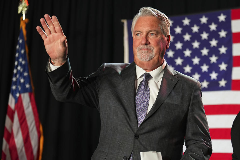 Republican Colorado Senate candidate Joe O'Dea waves as he speaks to supporters at a Republican election night watch party, Tuesday, Nov. 8, 2022, in Greenwood Village, Colo. (AP Photo/Jack Dempsey)