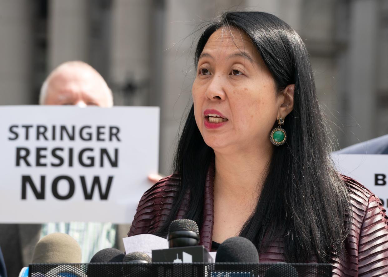 Jean Kim speaks during a press conference at City Hall Park Wednesday, April 28, in Manhattan, New York. Kim is accusing Scott Stringer of inappropriate sexual conduct while she was an un-paid intern during his campaign for New York City public advocate. 