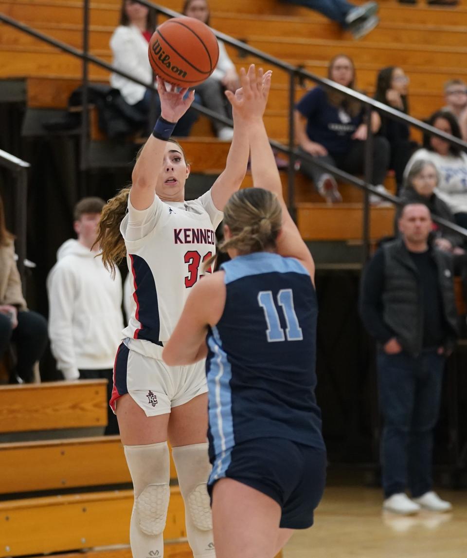 Kennedy Catholic's Madison Carlo (33) puts up a shot from outside during the CHSAA Division A girls basketball semifinal game against St. Mary's. (Lancaster, NY) at Cardinal Spellman High School in the Bronx on Friday, March 8, 2024. St. Mary's won 68-56.