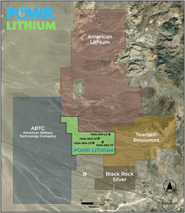 Figure 1. Map of the POWR land package showing drill hole and neighboring land positions.