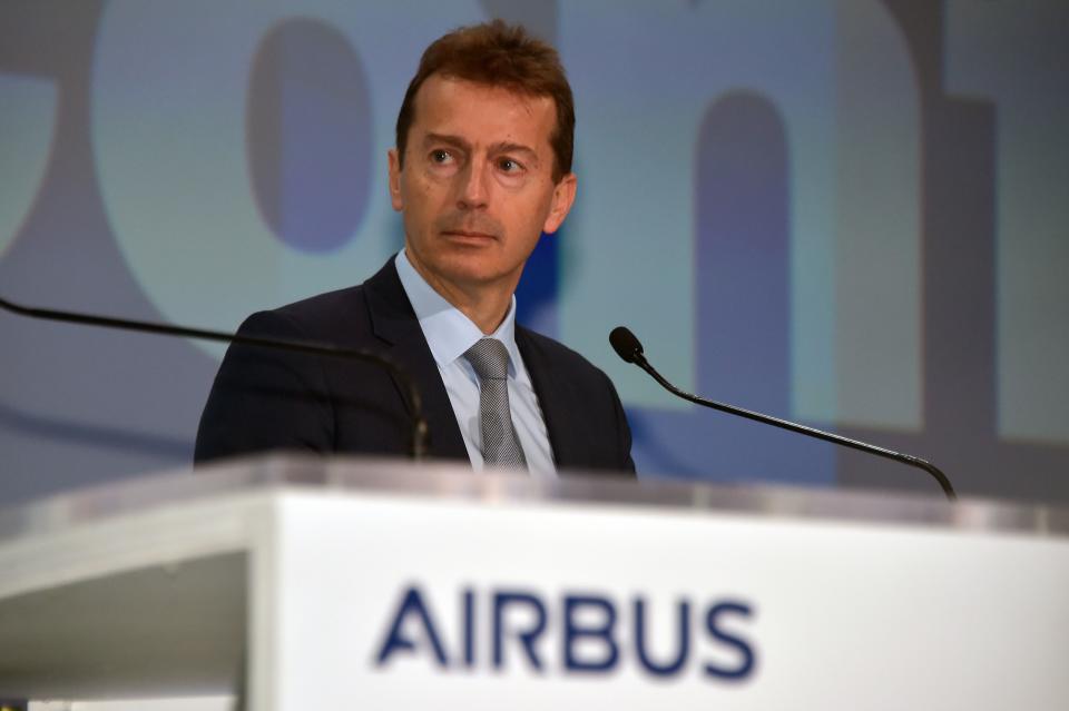 Guillaume Faury, Airbus chief excecutive officer, speaks during the annual press conference of the group's 2019 results on February 13, 2020 at Airbus' headquarters in Blagnac, southwestern France. - Airbus reported a net loss of 1.36 billion euros in 2019 after being hit by a 3.6-billion-euro fine over a bribery scandal and extra development costs for the A400M transport aircraft. (Photo by PASCAL PAVANI / AFP) (Photo by PASCAL PAVANI/AFP via Getty Images)