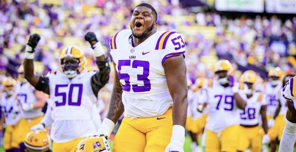 LSU offensive tackle Lance Heard (53), a former five-star prospect, played 12 games in his 2023 freshman season.
