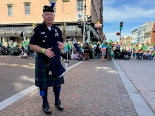 Chief of Rockland, NY police department Thomas Gaynor is the band leader for his department’s bagpipes group that has traveled down for the parade in Savannah each year for two decades.