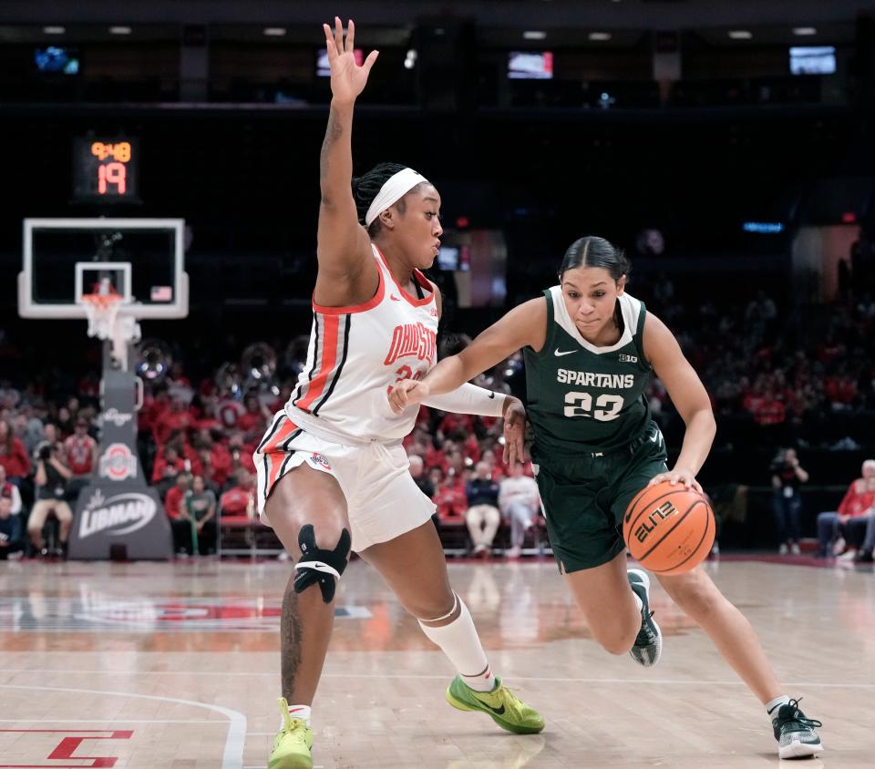 Michigan State guard Moira Joiner is defended by Ohio State forward Cotie McMahon during the second quarter of the Buckeyes' 70-65 win on Sunday.