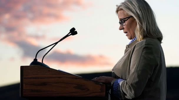 PHOTO: Rep. Liz Cheney speaks Aug. 16, 2022, at a primary Election Day gathering in Jackson, Wyo. (Jae C. Hong/AP)