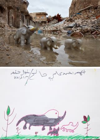 A drawing by an Iraqi child shows an elephant and calves next to a photo rendition with toy elephants in the old city of Mosul, Iraq, in this handout obtained by Reuters on July 9, 2018. REUTERS/Brian McCarty Handout via Reuters