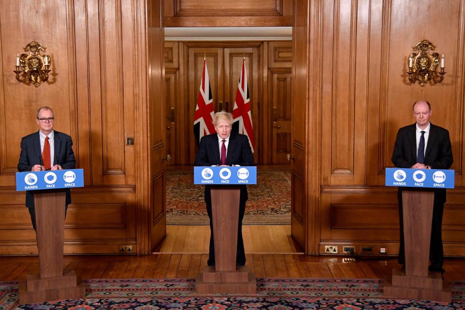 <p>Chief scientific adviser Sir Patrick Vallance (left) and Chief Medical Officer Professor Chris Whitty (right), listen to Prime Minister Boris Johnson speaking during a news conference</p>PA