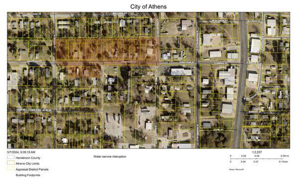 Map of the water service interruption area, courtesy of The City of Athens