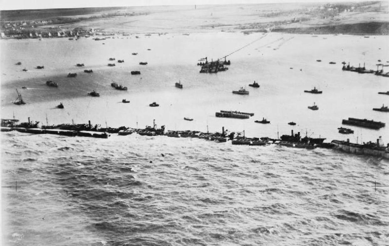 <span class="caption">To stage their invasion of Nazi-held France, Allied forces created floating harbors in the English Channel where ships could safely dock to send soldiers and supplies ashore.</span> <span class="attribution"><a class="link " href="https://commons.wikimedia.org/wiki/File:The_Mulberry_Harbour_C4846.jpg" rel="nofollow noopener" target="_blank" data-ylk="slk:Royal Air Force;elm:context_link;itc:0;sec:content-canvas">Royal Air Force</a></span>