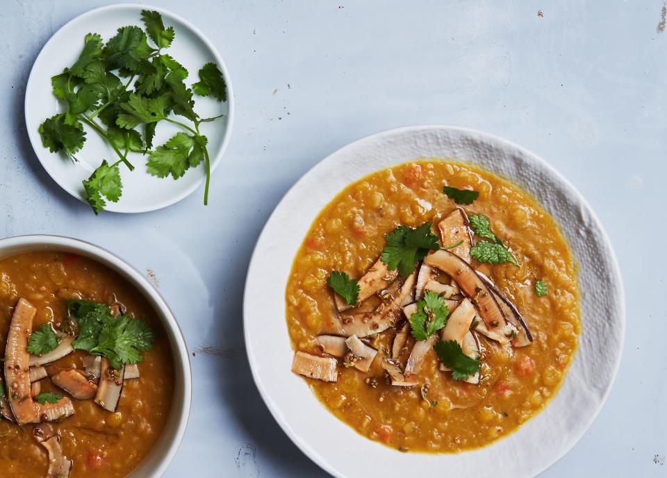 Curried Yellow Split Pea Soup with Spiced Coconut