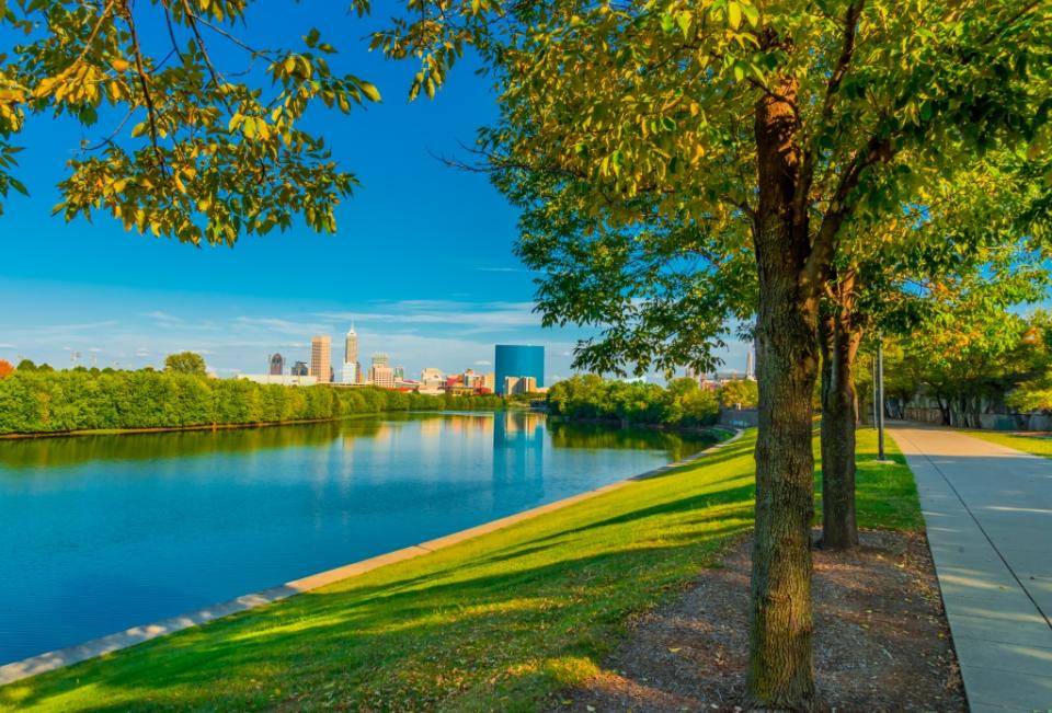 White River and the skyline of Indianapolis, via Getty Images