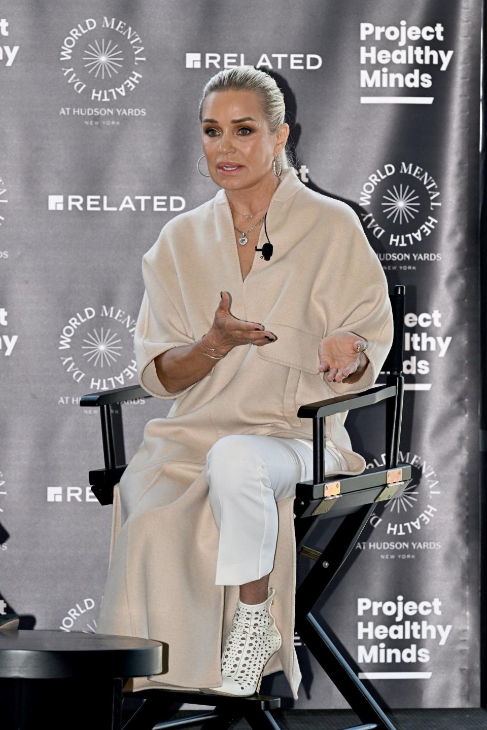 Yolanda Hadid speaks onstage during Project Healthy Minds and Related Companies' World Mental Health Day Event on October 10, 2022