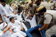 Protest against farm bills passed by India's parliament, in New Delhi