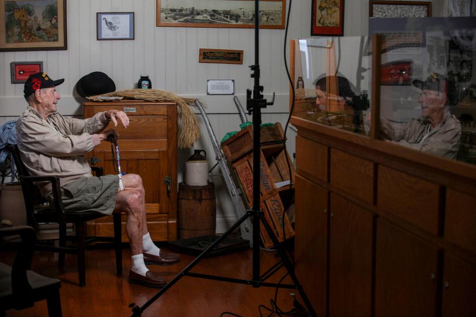 Chuck Pickard accounts his experience from serving in the U.S. Marine Corps during World War II, Tuesday, Oct. 17, 2023, in the historic Vero Beach Train Station. The Indian River County Historical Society is working alongside former mayor and retired Army Col. Tony Young on the video project portraying the stories of four local World War II veterans and will be part of a collection for the Society's mini historical video series.