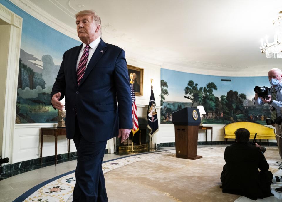 President Donald Trump departs after speaking about his list of potential Supreme Court nominees in the Diplomatic Reception Room of the White House on September 9, 2020 in Washington, DC. President Trump also fielded questions about the coronavirus and Bob Woodward's new book about him.