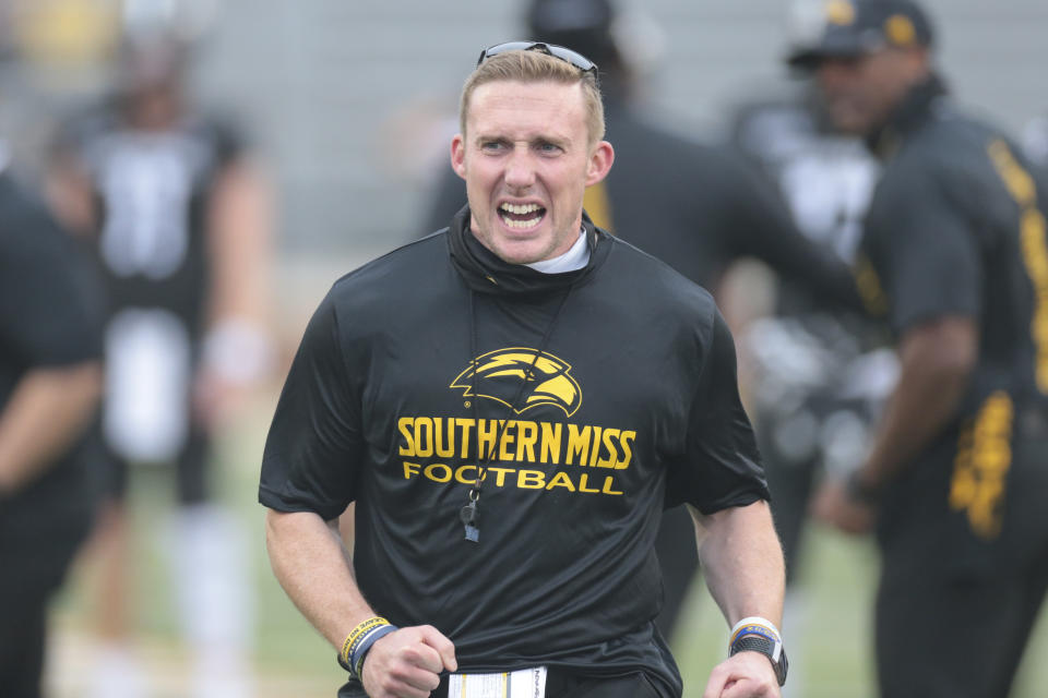 HATTIESBURG, MS - SEPTEMBER 19: Southern Miss Golden Eagles interim head coach Scotty Walden gets his team fired up during the game between the Southern Miss Golden Eagles and the Louisiana Tech Bulldogs on September 19, 2020, at M.M. Roberts Stadium in Hattiesburg, MS. (Photo by Bobby McDuffie/Icon Sportswire via Getty Images)